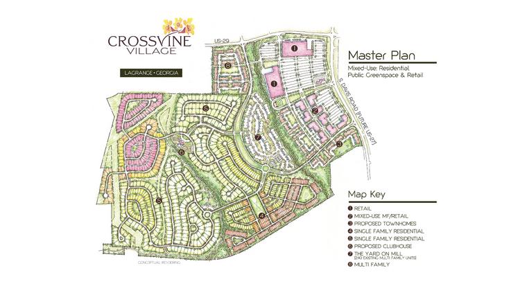 Crossvine Village, a 341-acre mixed-use development planned for LaGrange, will include 750 single-family homes, 600 apartments, 60,000 square feet of street-front retail and about 40 acres dedicated to big box retailers.