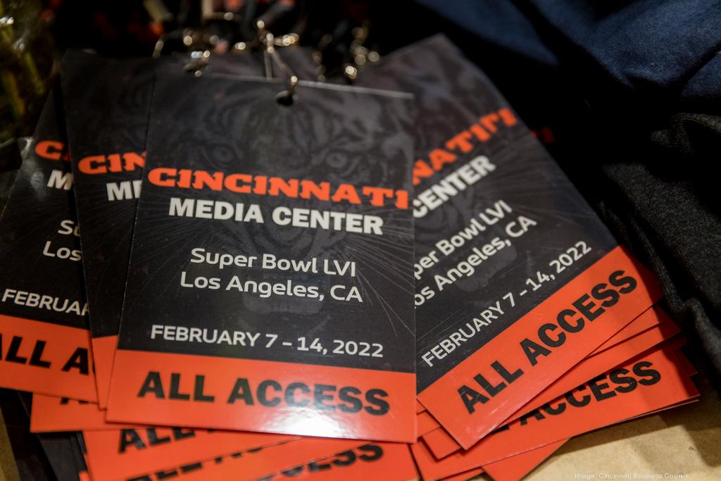 LOS ANGELES, CA - FEBRUARY 08: Detail view of the Cincinnati Bengals logo  seen at the Super Bowl Experience on February 08, 2022, at the Los Angeles  Convention Center in Los Angeles