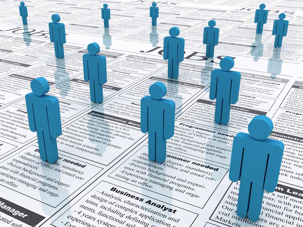 Graphic of stick figures standing over newspaper job postings