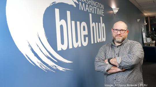 Maritime Blue CEO Joshua Berger is seen at his organization’s interim offices at Fisherman’s Terminal in Seattle