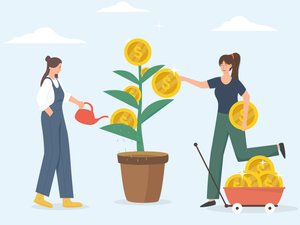 Investor and businesswoman caring money tree