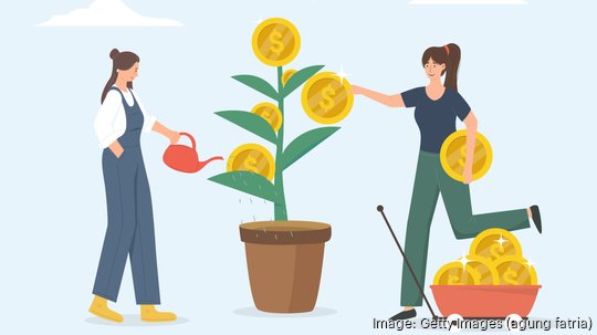 Investor and businesswoman caring money tree