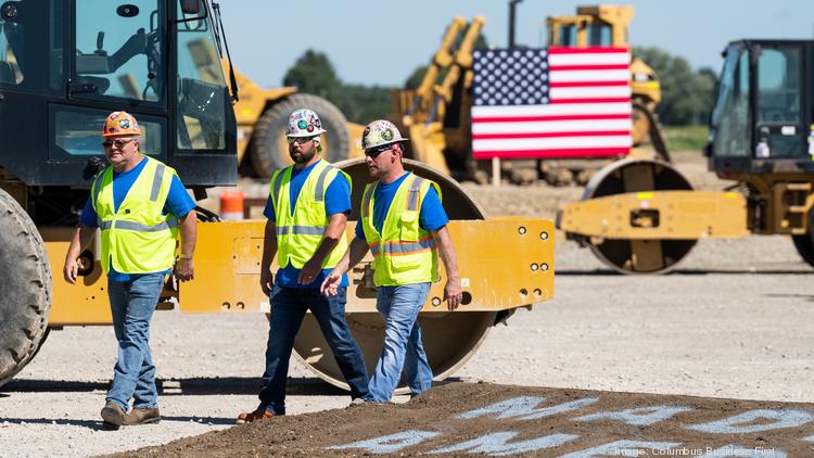 Construction workers at Intel's future manufacturing complex in New Albany.