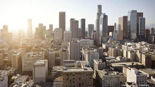 Cityscape at sunset, Los Angeles, Los Angeles County, California, USA