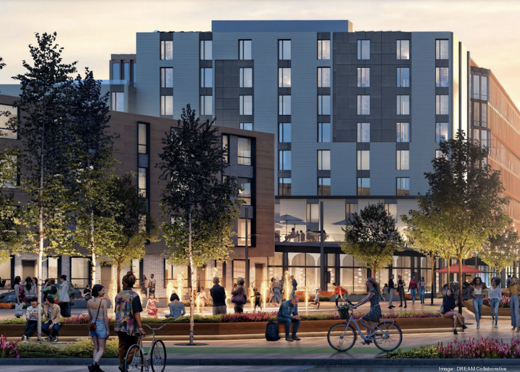 A plaza is meant to blur the boundary between the new development and the adjacent Whittier Choice housing project.