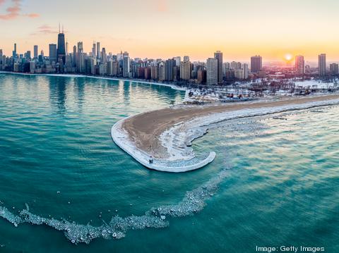 Aerial view of North Avenue Beach and Lake Michigan at Sunset, Chicago, Illinois, USA