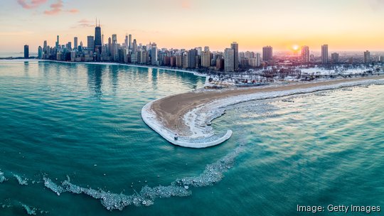 Aerial view of North Avenue Beach and Lake Michigan at Sunset, Chicago, Illinois, USA