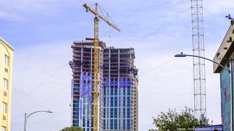 Construction on The Waller has topped out — the 32-story apartment tower at 1104 Sabine St. is part of the Symphony Square redevelopment by Greystar Real Estate Partners. ARNOLD WELLS / ABJ
