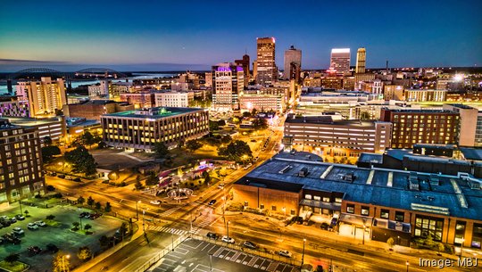 Downtown Memphis dusk 2022 @ Gary Boisseau | Desoto Drone for MBJ