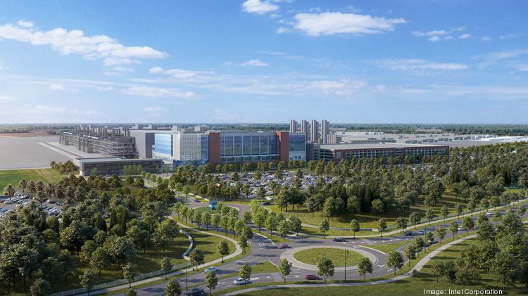 A rendering shows plans for two new Intel processor plants in Licking County. Announced in January 2022, the $20 billion project covers nearly 1,000 acres and is the largest single private-sector investment in Ohio history.