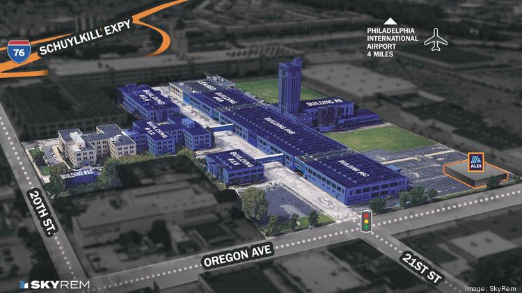 A diagram shows the buildings that are leased (gray) and the buildings that are available (blue) at the Quartermaster site in South Philadelphia.