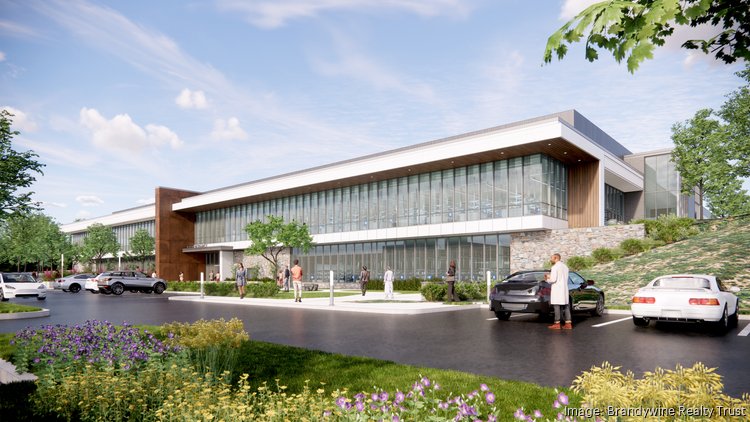 An artist's rendering of Brandywine Realty Trust's 168,000-square-foot, four-story life sciences building at 250 King of Prussia Road in Radnor.