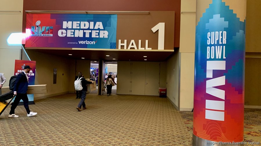 NFL media works on radio row during Super Bowl 56 week at the Los Angeles  Convention Center on …