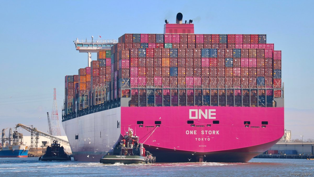 Pink container ship docks at JAXPORT