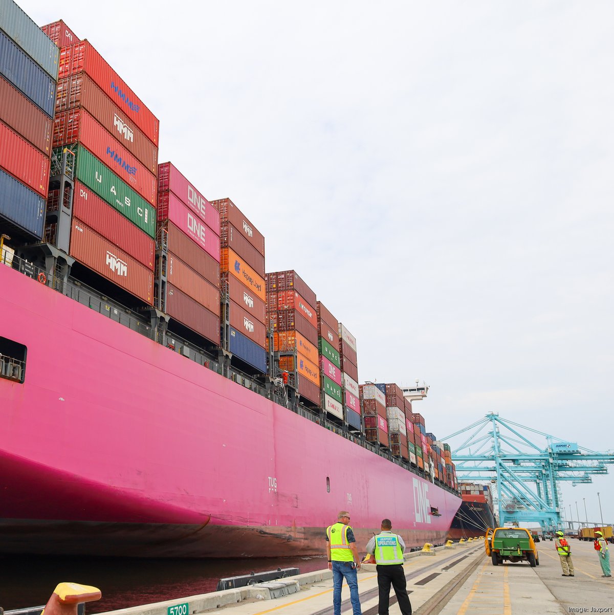 Pink container ship docks at JAXPORT