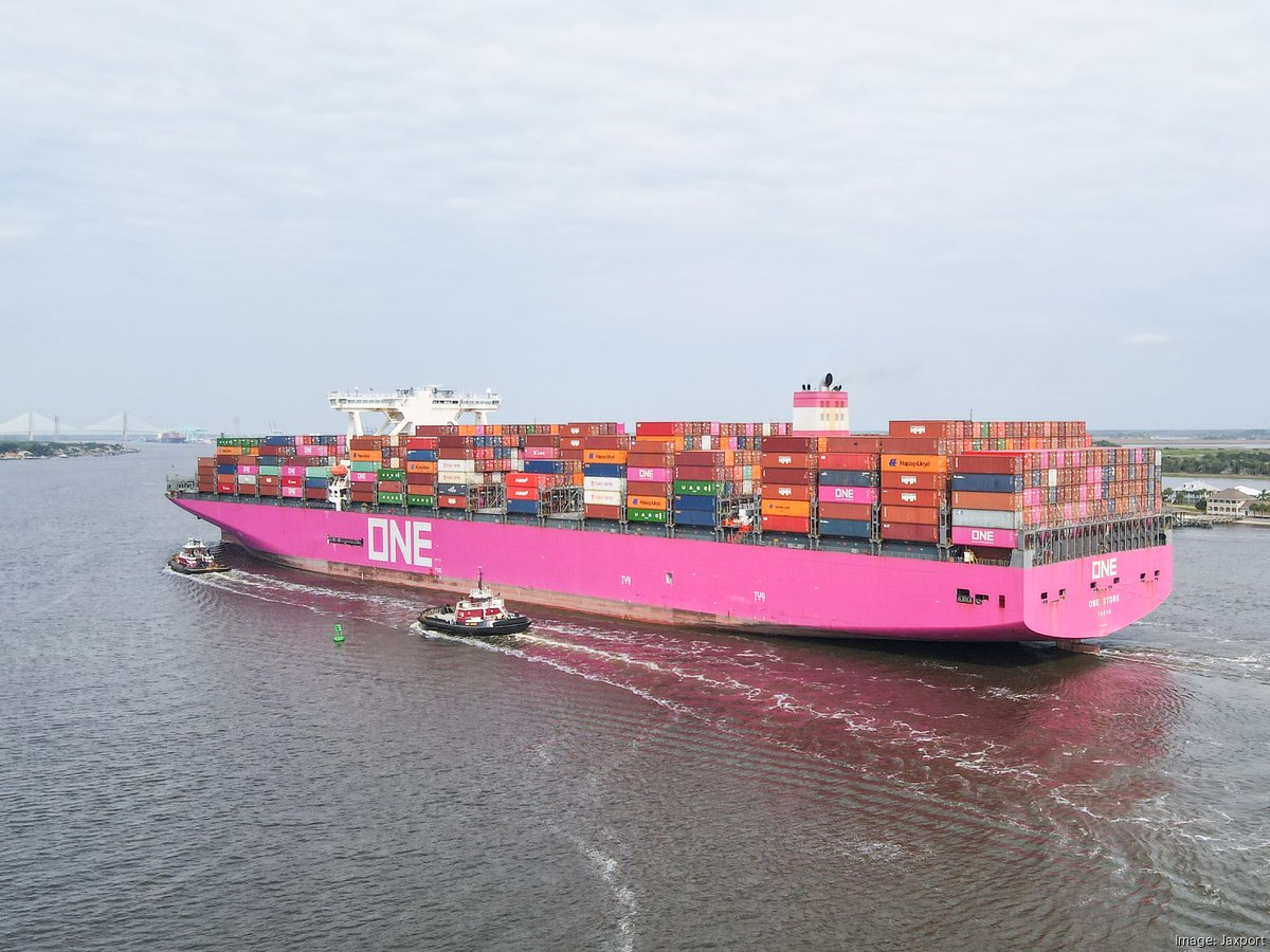 Pink container ship docks at JAXPORT