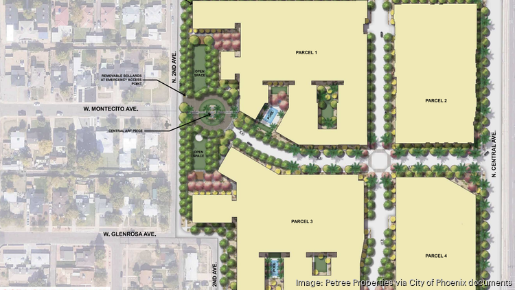 A conceptual site plan by Petree Properties to develop a 15-acre site in Midtown Phoenix.