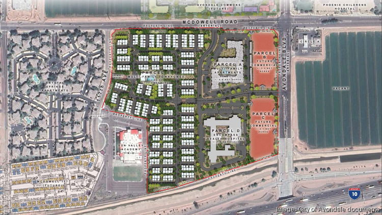 A conceptual plan shows the proposed layout for a new mixed-use development in a health and technology corridor in Avondale.