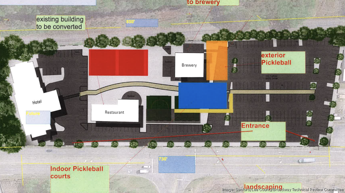 Entertainment district with hotel, brewery, pickleball pitched for red
