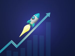 Grow bar and rocket with up arrow on dark blue background.