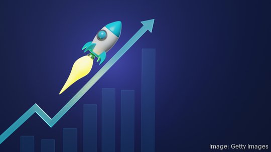 Grow bar and rocket with up arrow on dark blue background.