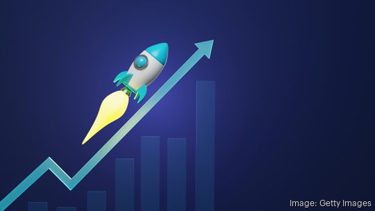 Grow bar and rocket with up arrow on dark blue background.