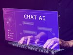 Chat with AI or Artificial Intelligence technology. Man using a laptop computer chatting with an intelligent artificial intelligence asks for the answers he wants. Smart assistant futuristic, Chat AI, - stock photo