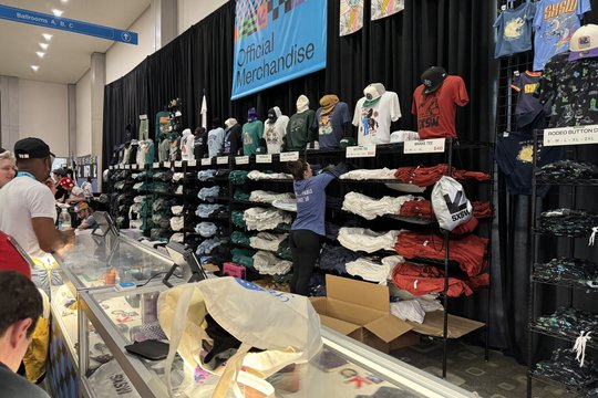 Customers lined up to get SXSW shirts at the Austin Convention Center on March 7