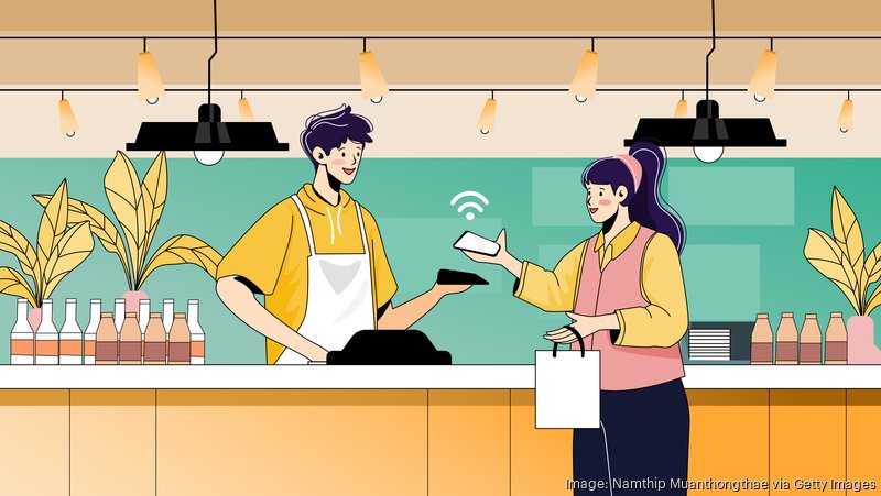 Contactless payments illustration concept shows a woman customer paying the bills via her smartphone by using online banking, the cashier using the portable device for getting the money.