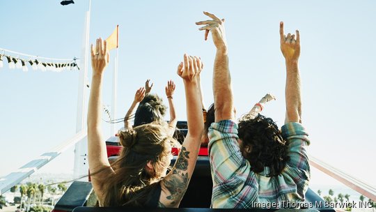 Rear view of couple with arms raised about to begin descent on roller coaster in amusement park