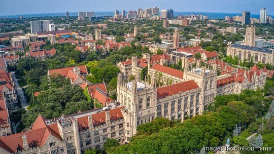 Aerial View of a large University in the Chicago Neighborhood of Hyde Park