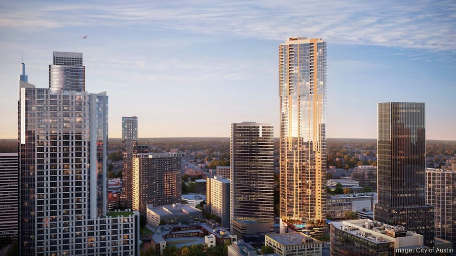 Kairoi's initial rendering of a new tower proposed for 701 W. Sixth Street gleams like gold. It's unclear if design details have changed since this rendering was circulated over a year ago. CITY OF AUSTIN