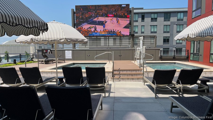 Third-floor pool deck at Rambler Columbus off-campus student apartments near Ohio State University. CARRIE GHOSE | CBF
