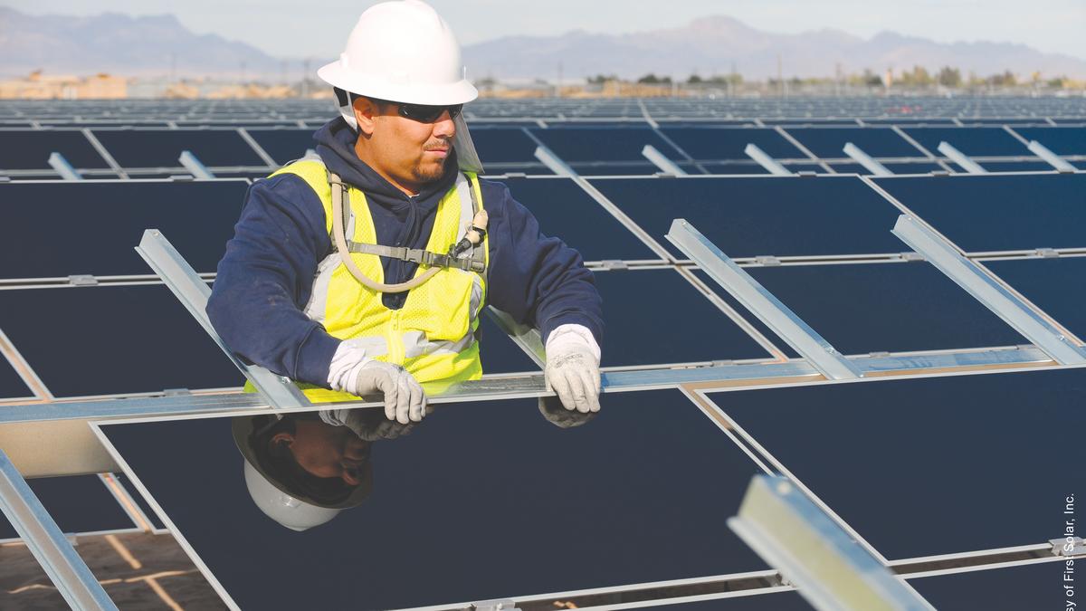 APS, First Solar building big solar battery storage project, panel field in desert Phoenix