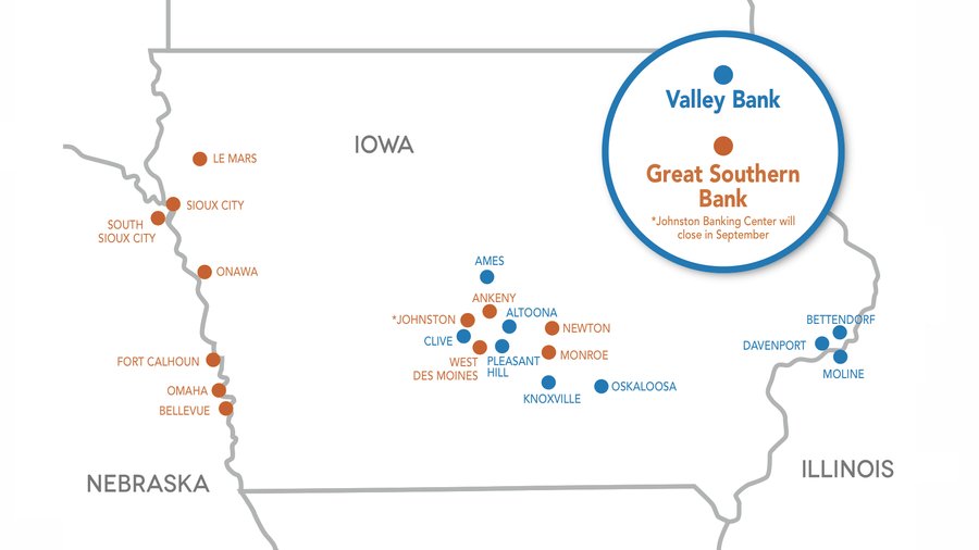 Greater Southern Bank and Valley Bank branch map