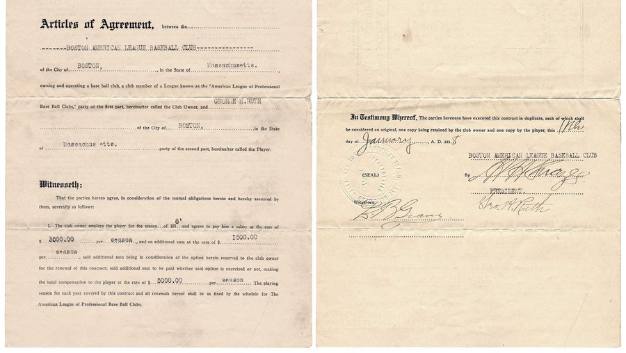 Babe Ruth's 1918 Red Sox contract sells for $1M at Baltimore auction ...