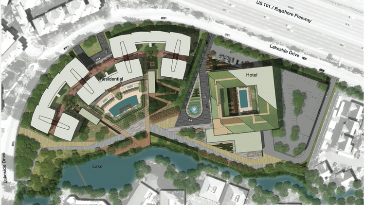 A site plan for the project shows the apartment and hotel buildings' orientation along Lakeside Drive, arranged to make use of the manmade water feature in the middle of the block.