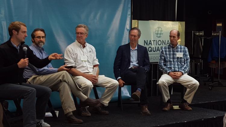 Panelists at the National Aquarium's East Coast Seafood Forum discuss advances in aquaculture technology and challenges associated with the industry.