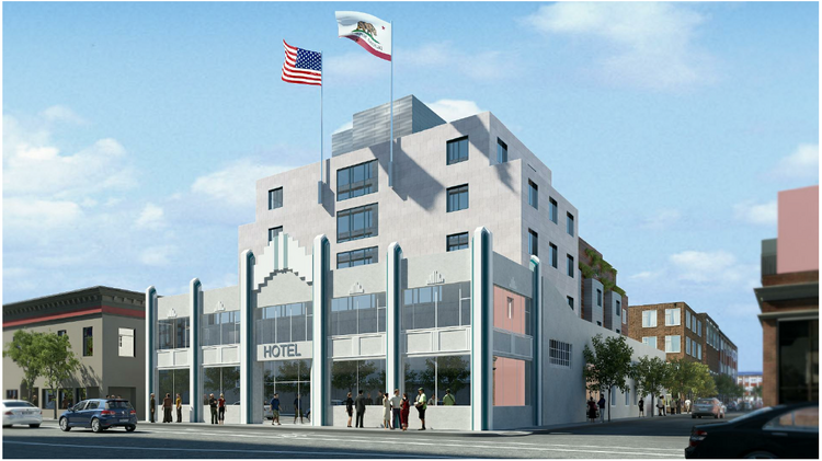 Stanton Architecture has submitted a preliminary project assessment to turn a one-story parking garage at 224 Townsend Street into a six-story hotel, keeping the current facade, which was built in 1935. (Stanton Architecture/via San Francisco Planning Department website)