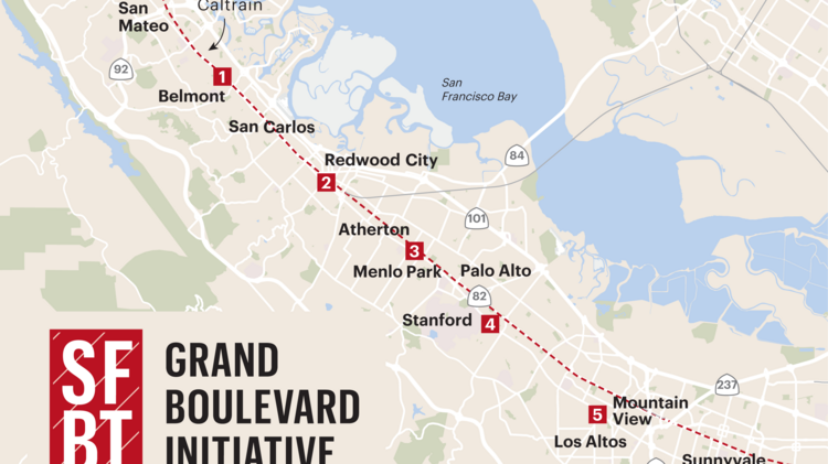 The Grand Boulevard Initiative is a collaboration of 19 cities, the counties of San Mateo and Santa Clara and local and regional agencies, private business, labor and environmental organizations working to improve the performance, safety and aesthetics of El Camino Real (also known as Highway 82) on the Peninsula. The initiative encompasses 43 miles of El Camino Real, from its northern end beginning in Daly City, where is it is known as “Mission Street” and ends in San Jose near the Diridon Station, where it is known as “The Alameda.”