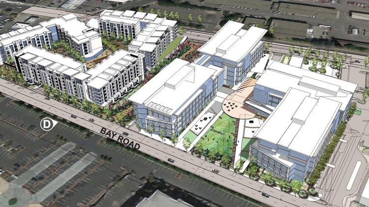 The office component of the proposed Broadway Plaza is pictured, in foreground. The site is about 11 acres, but the project would not include the Denny's or Jack in the Box on the corner of Woodside Road and Broadway.