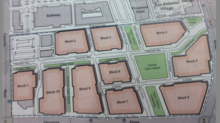 The block layout shown in Federal Realty's master plan shows the possible position of new buildings and open space. It's largely reflective of the city's San Antonio Precise Plan, which spells out development patterns for the area.