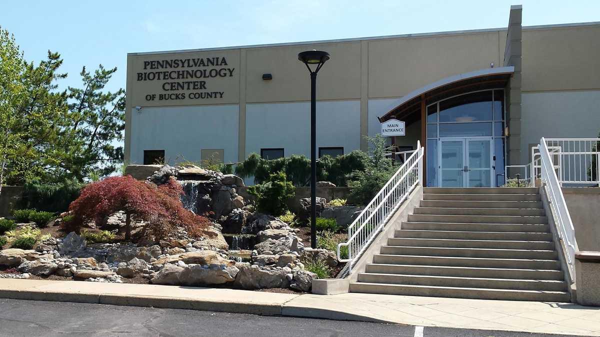  The image shows the entrance to the Pennsylvania Biotechnology Center of Bucks County, a research facility in Pennsylvania.