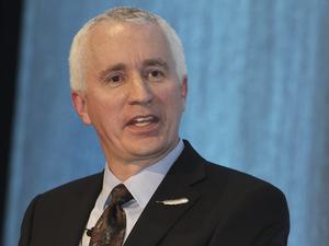 Rob Meyerson, Blue Origin president, speaks as the keynote during the 44th Annual Economic Forecast Conference at the Westin Hotel in Seattl