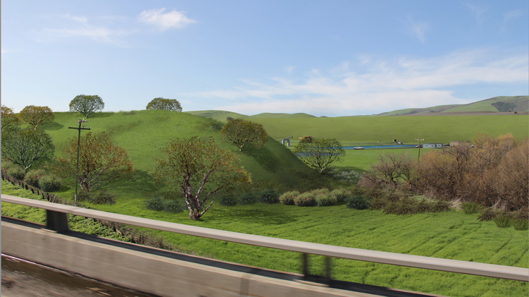 A rendering of the Sargent Quarry site as seen from Highway 101, showing a large berm that would shield the view of the quarry's operations.