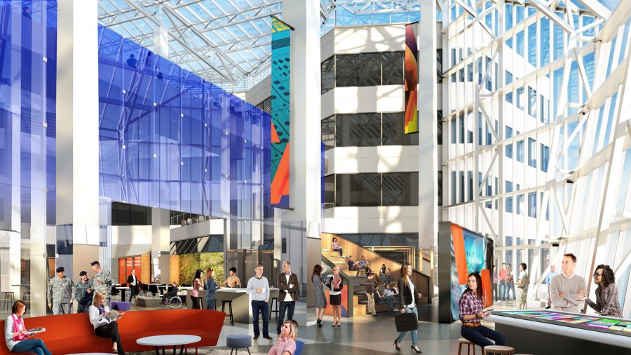Notional view of Atrium from 1A: close-up of lobby seating area, open ...
