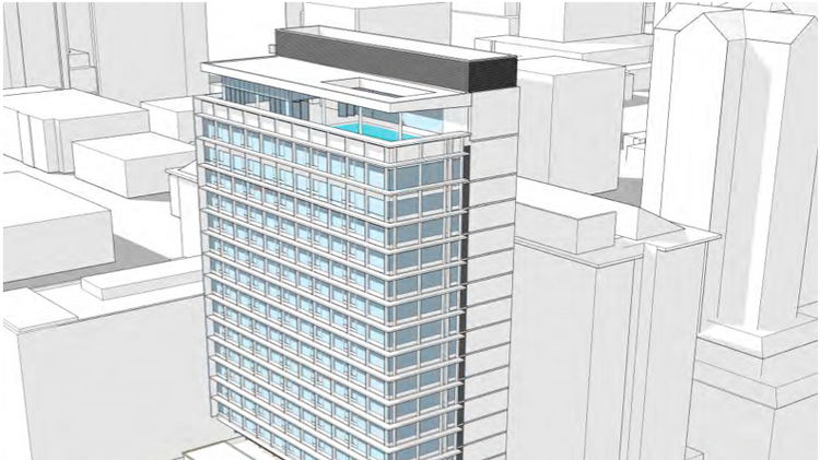 The conceptual design for the addition to the hotel would rise 21 stories on what's now a parking lot. Image via City of San Jose. Design by TCA Architects. 